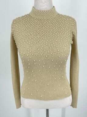 Vintage 80s Belldini Gold Silk Lurex Pearl Beaded Evening Sweater Top Medium